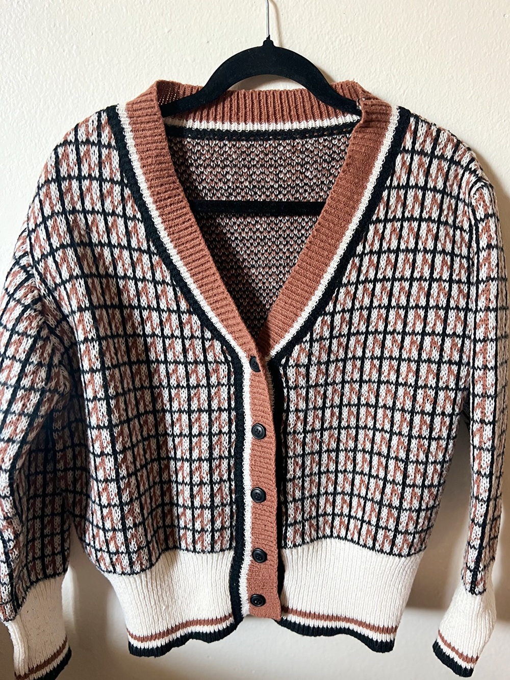 SHEIN Rust, Cream & Black Checked V-Neck Button Cardigan
